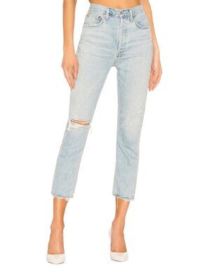 New Agolde Riley High Rise Straight Leg Crop Jeans Size 27 In Shatter Wash Blue